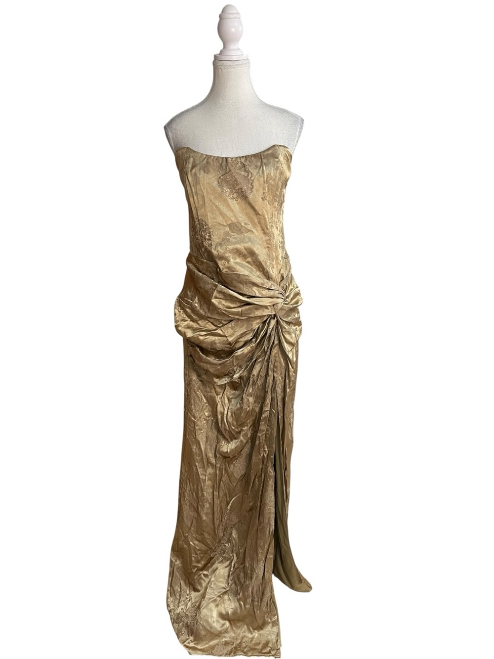 Lulus Whitney Strapless Draped Knot Detail Jacquard Maxi Dress Gold
